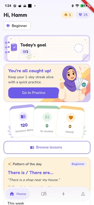 English With Aliyah Android app: home dashboard with a daily goal, streak counter, lessons-done and review tallies, and a grammar pattern of the day