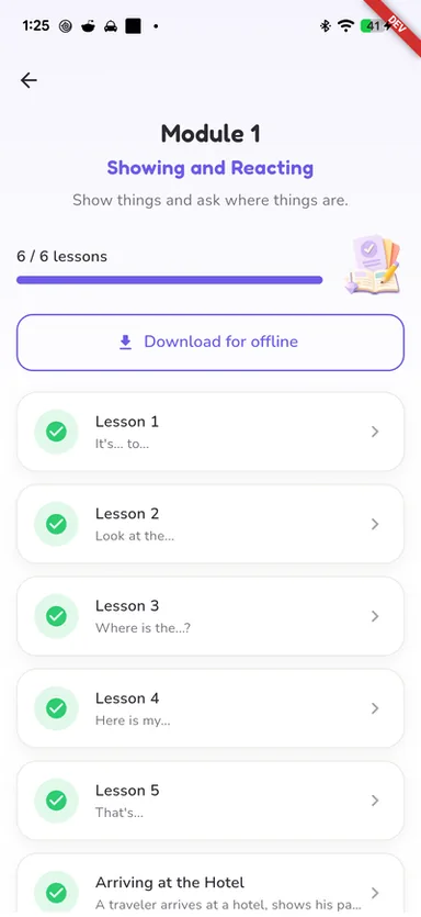 English With Aliyah Android app: module overview listing six lessons with a download-for-offline action and a progress bar