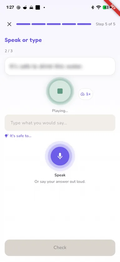 English With Aliyah Android app: speak-or-type practice step with a microphone control, answered by on-device offline speech recognition