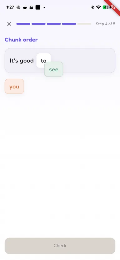 English With Aliyah Android app: chunk-order exercise assembling a sentence from draggable word tiles