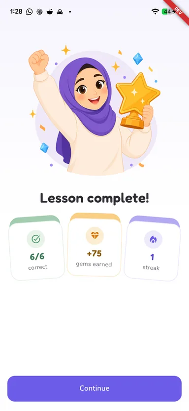 English With Aliyah Android app: lesson complete screen showing six of six correct, gems earned, and the current streak