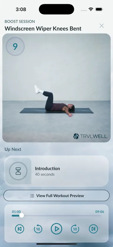 TrvlWell iOS app: guided workout player mid-session with an up-next queue and playback controls